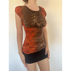 Y2K Orange and Brown Sparkly Sequin Short Sleeve Top